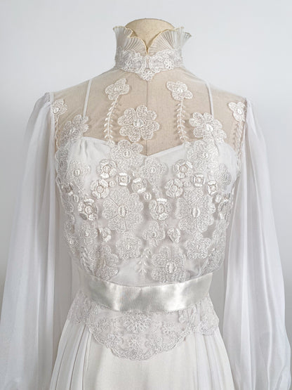 1970s Lace and Chiffon Wedding Dress / Waist 26