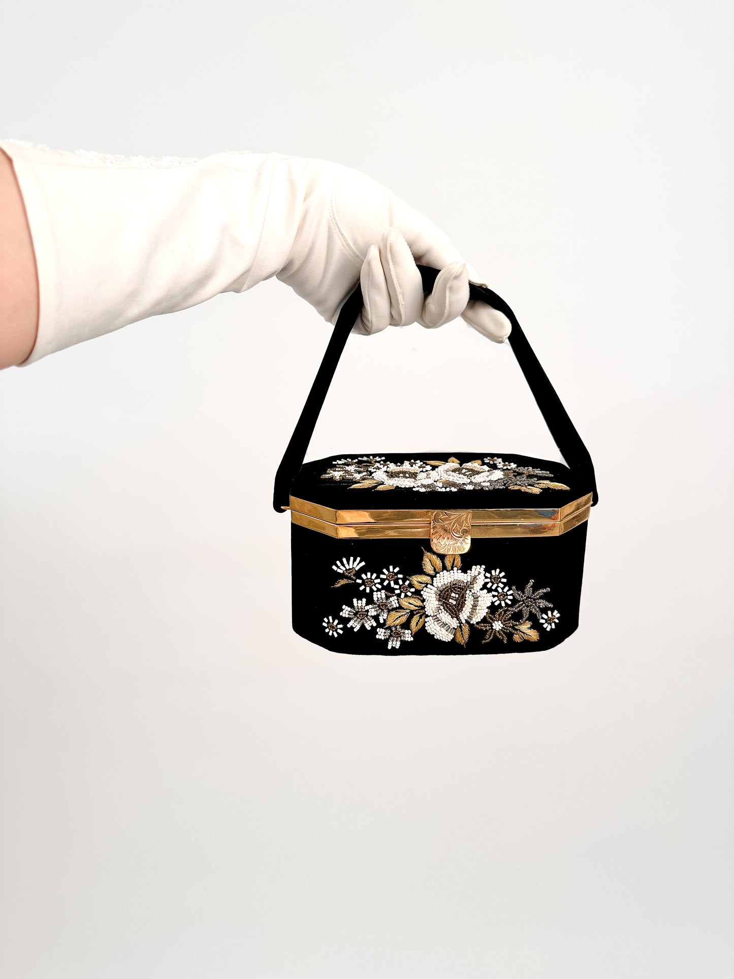 Black Velvet Beaded Floral Box Handbag