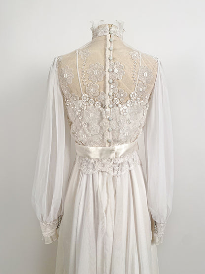 1970s Lace and Chiffon Wedding Dress / Waist 26