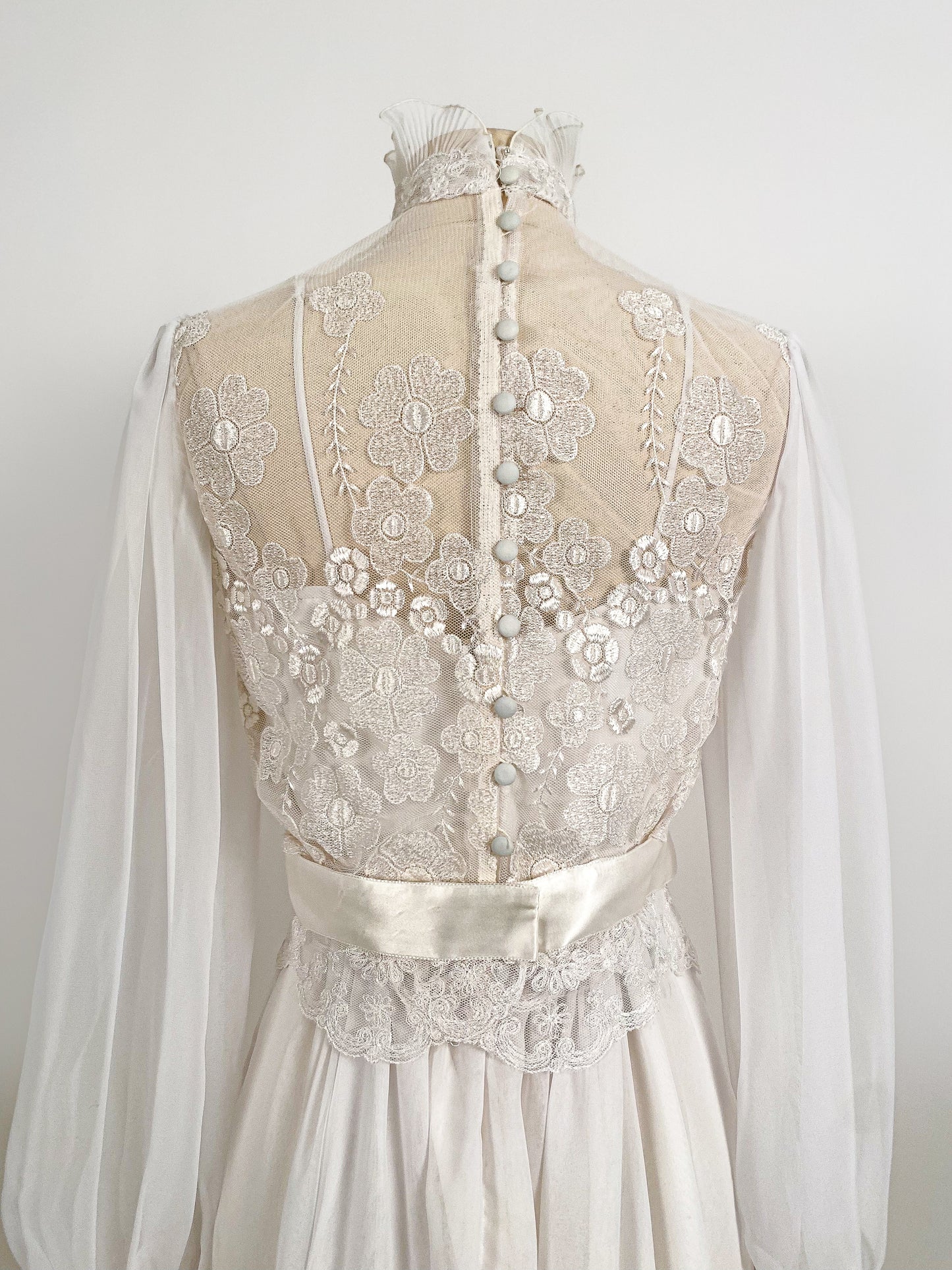 1970s Lace and Chiffon Wedding Dress / Waist 26