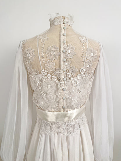 1970s Lace and Chiffon Wedding Dress / Waist 26