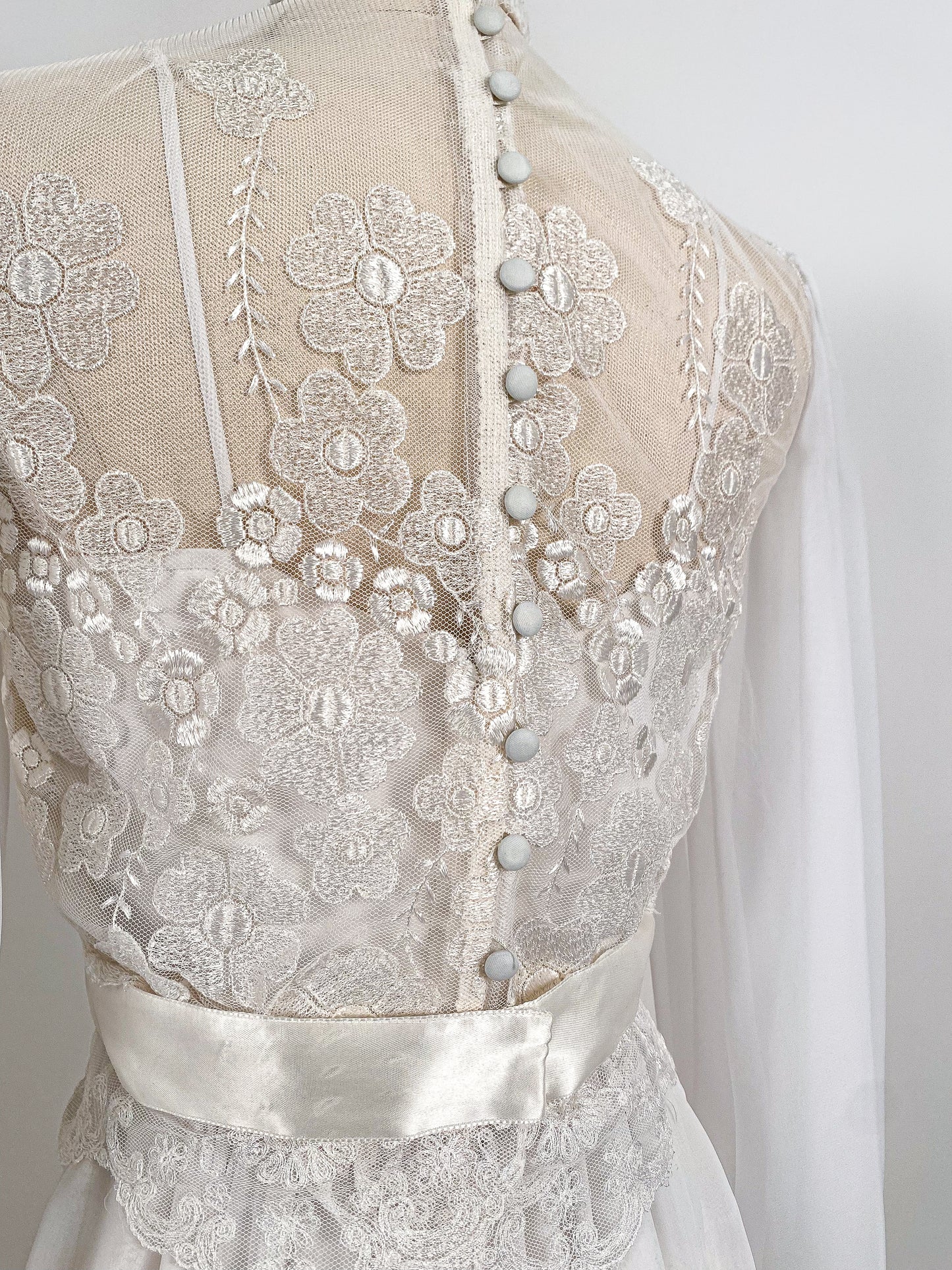 1970s Lace and Chiffon Wedding Dress / Waist 26