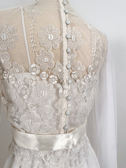 1970s Lace and Chiffon Wedding Dress / Waist 26