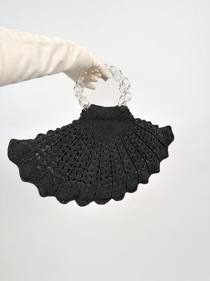 1940s Black Crotched Fan-Shaped Handbag