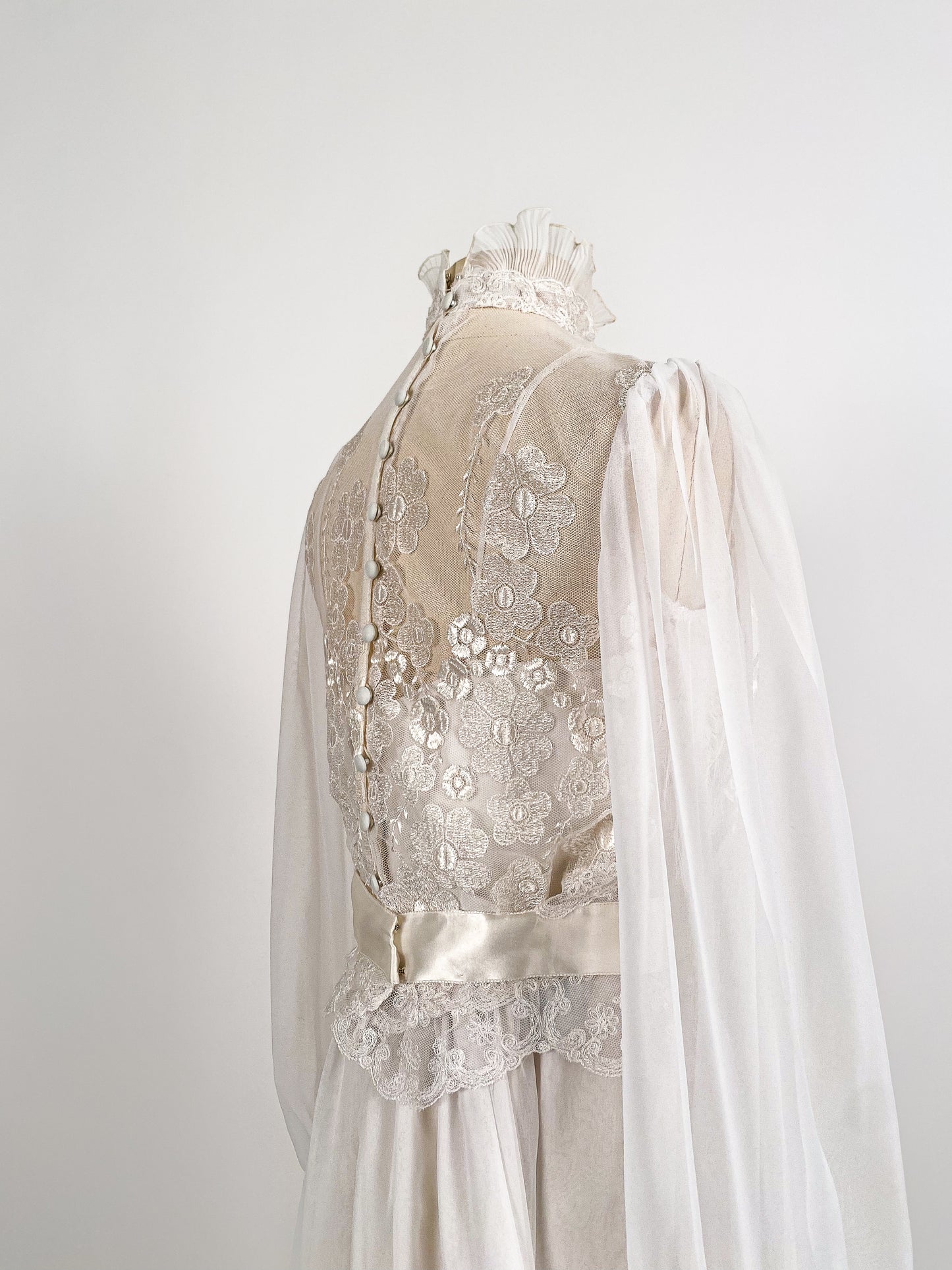 1970s Lace and Chiffon Wedding Dress / Waist 26