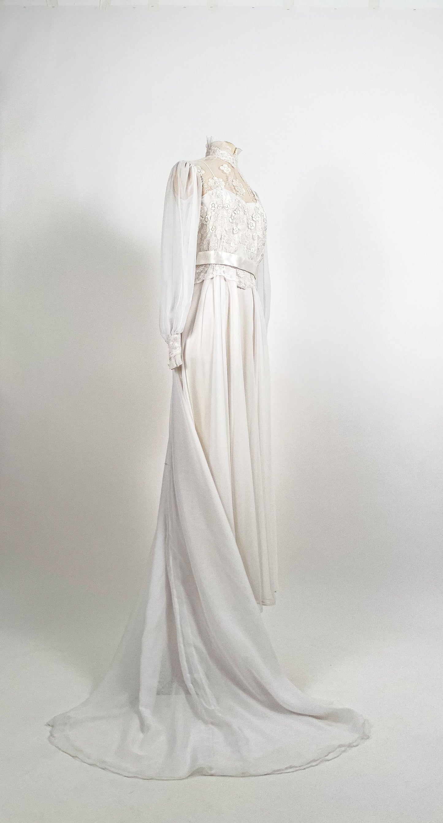 1970s Lace and Chiffon Wedding Dress / Waist 26