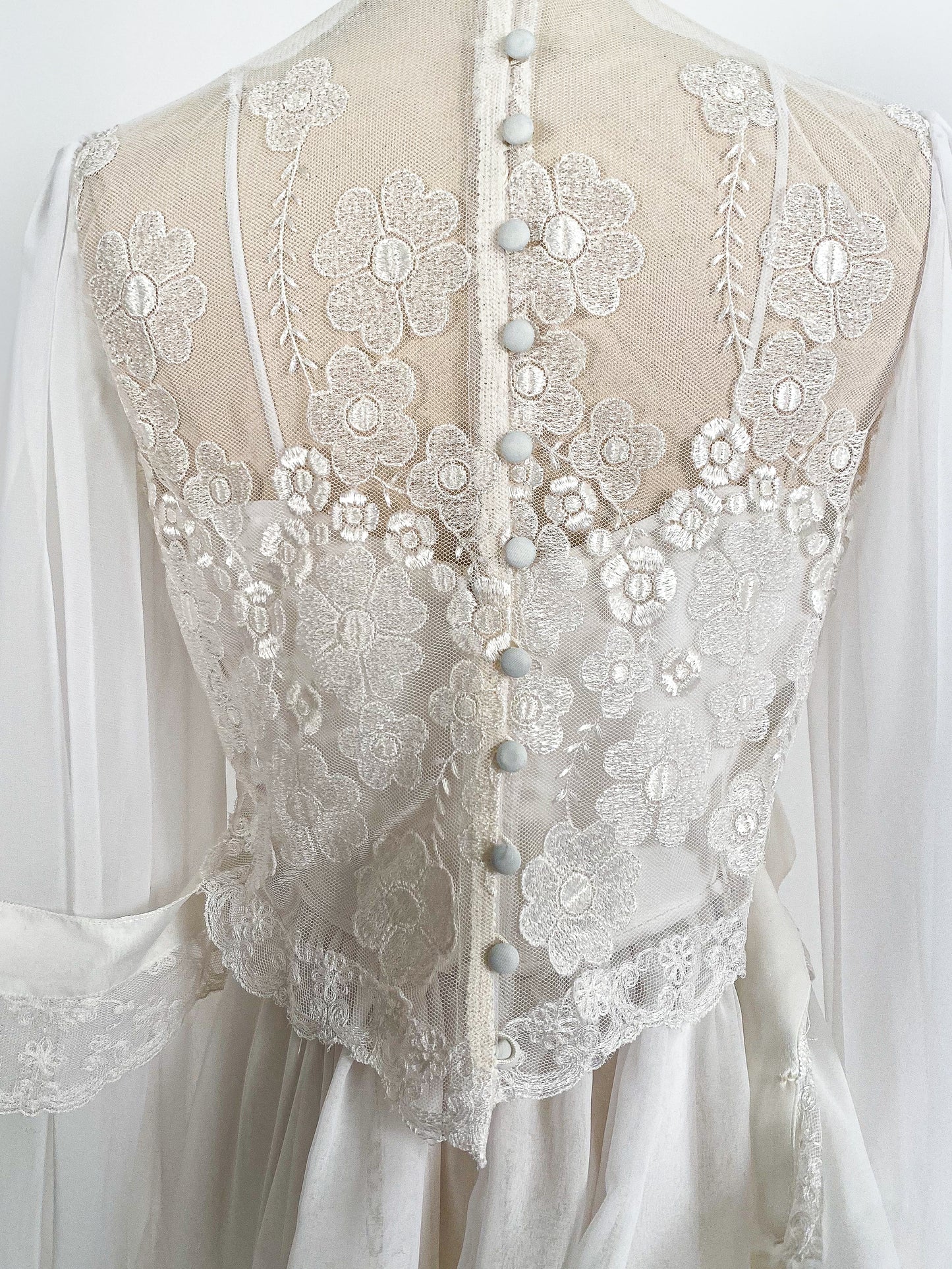 1970s Lace and Chiffon Wedding Dress / Waist 26