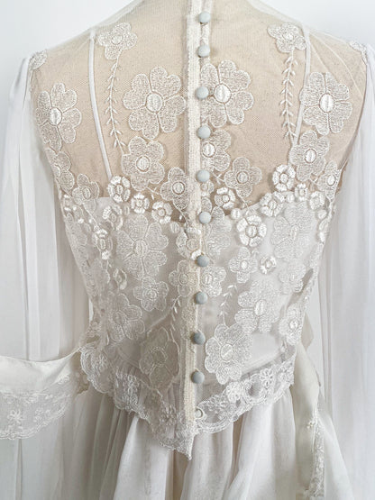 1970s Lace and Chiffon Wedding Dress / Waist 26