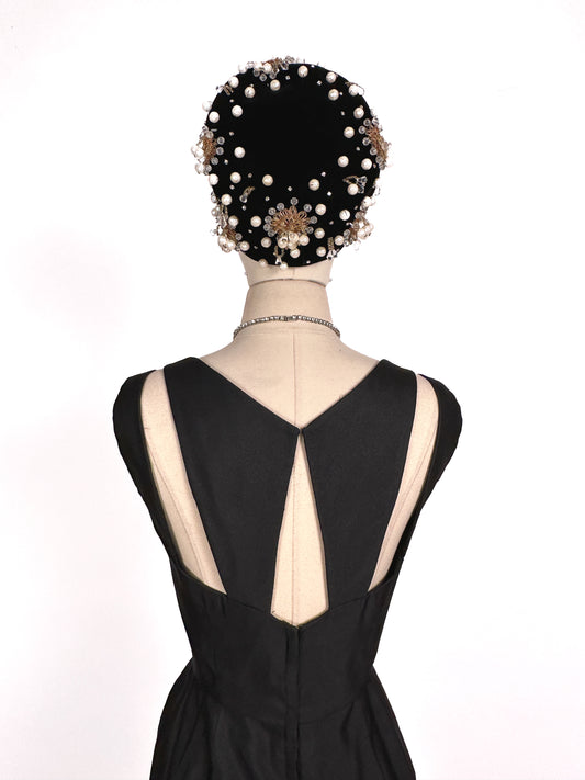 1950s Stunning Black Velvet Pearl, Rhinestone and Beaded Pillbox Hat/ One Size