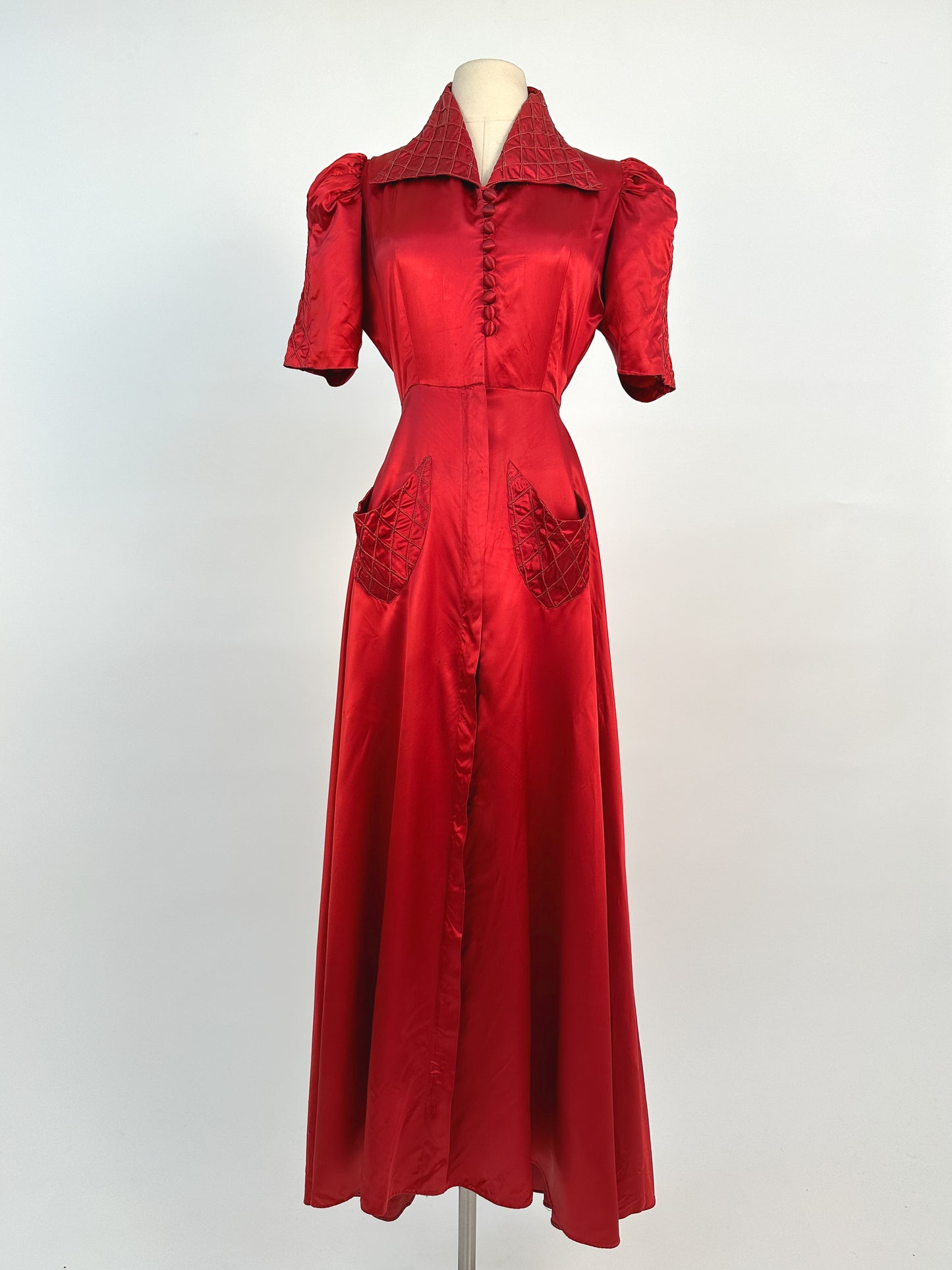 40s Currant Red Satin Hostess Dress / Waist 26