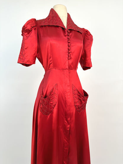 40s Currant Red Satin Hostess Dress / Waist 26