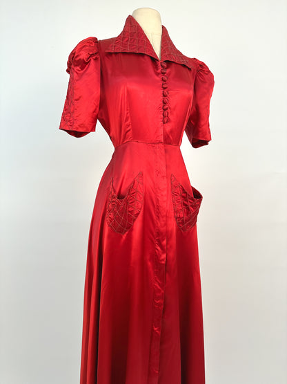 40s Currant Red Satin Hostess Dress / Waist 26