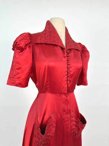 40s Currant Red Satin Hostess Dress / Waist 26