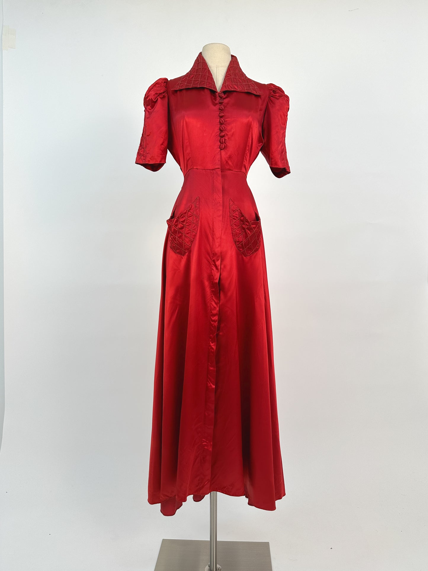 40s Currant Red Satin Hostess Dress / Waist 26