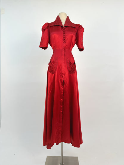 40s Currant Red Satin Hostess Dress / Waist 26