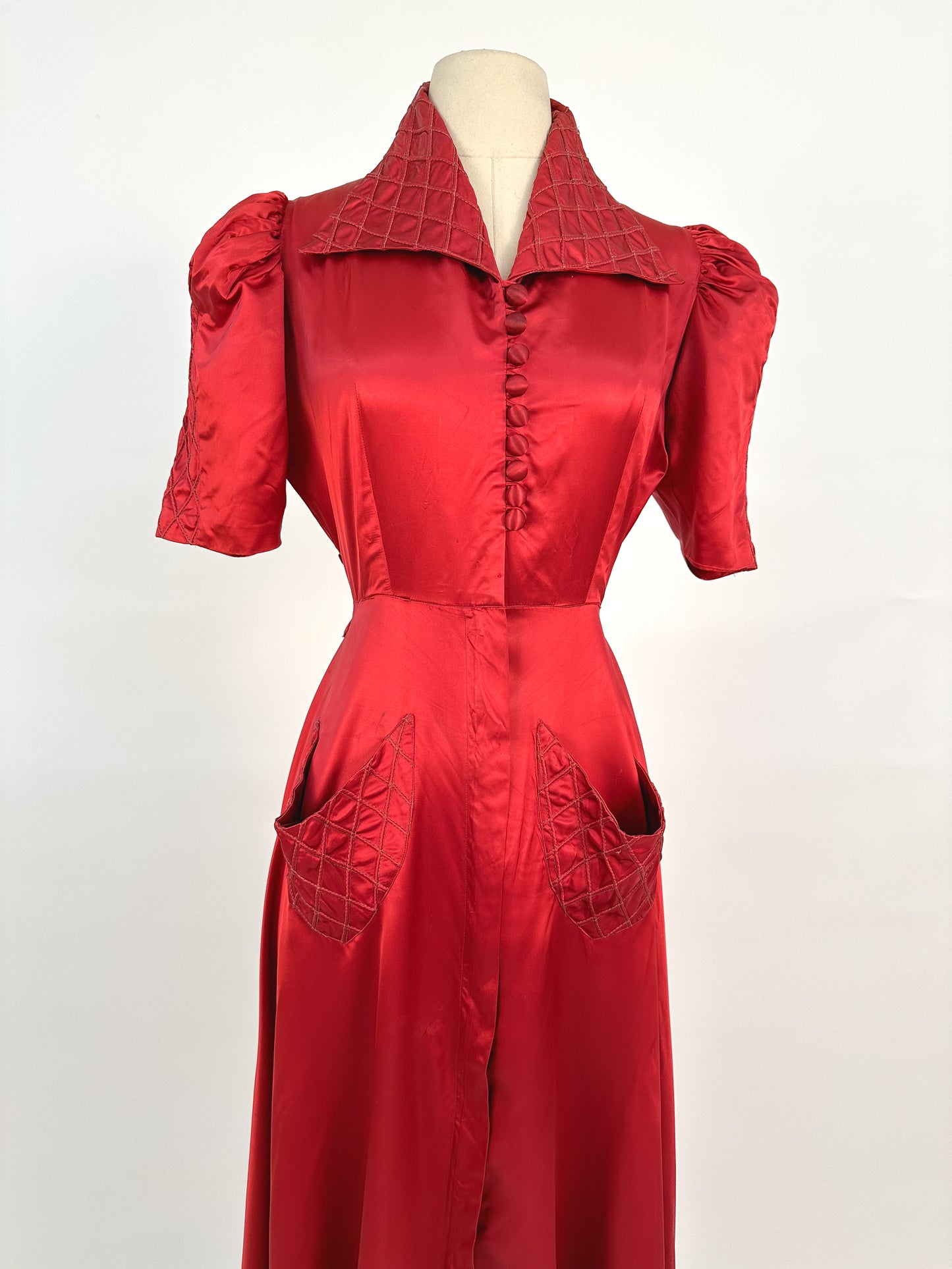 40s Currant Red Satin Hostess Dress / Waist 26