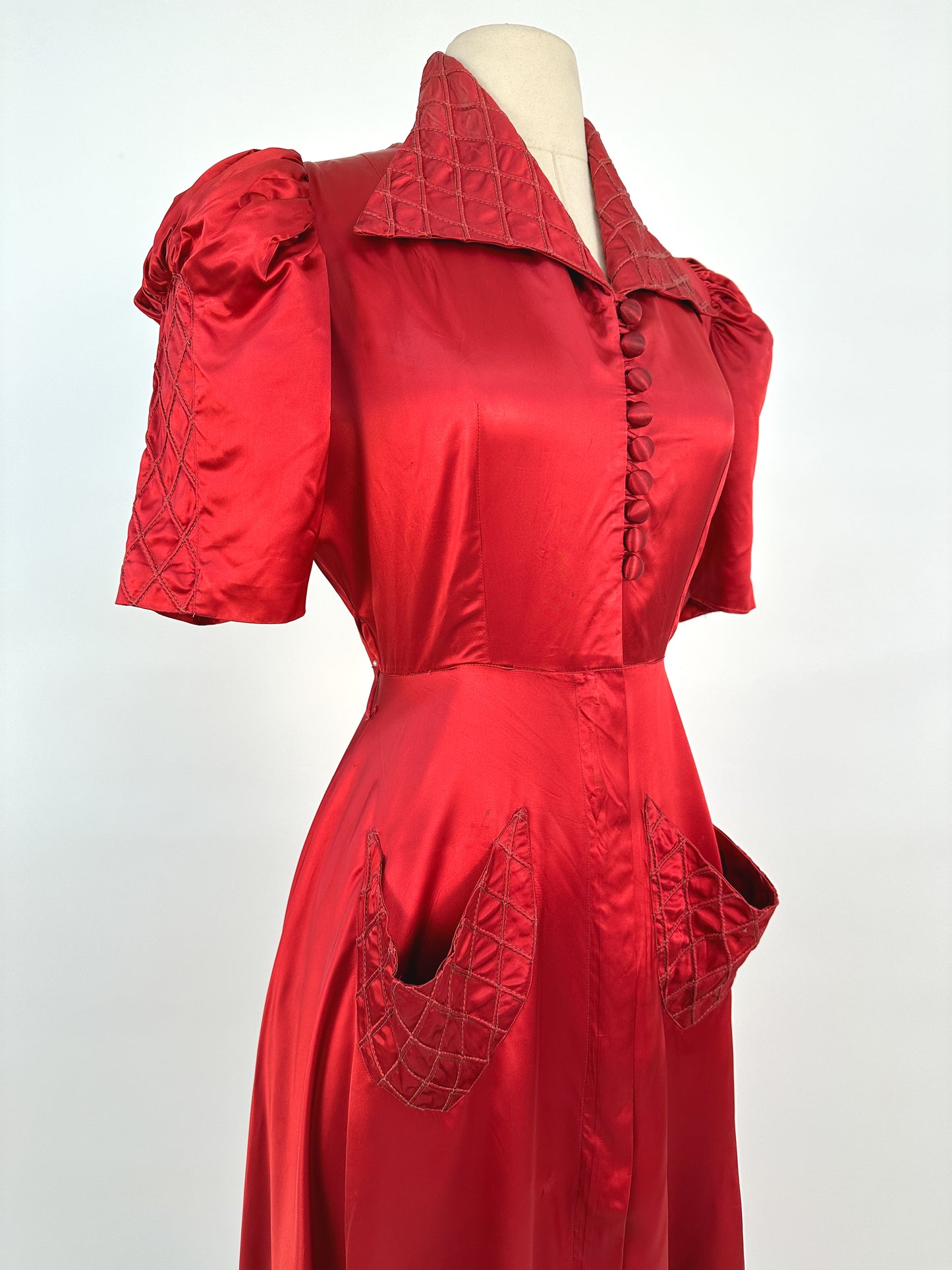 40s Currant Red Satin Hostess Dress / Waist 26