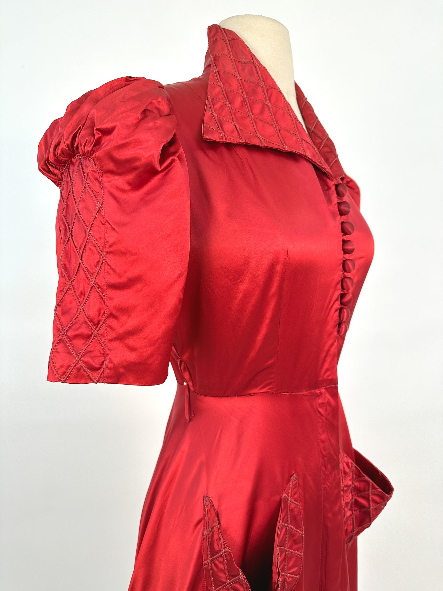 40s Currant Red Satin Hostess Dress / Waist 26