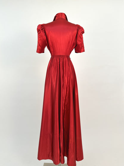 40s Currant Red Satin Hostess Dress / Waist 26