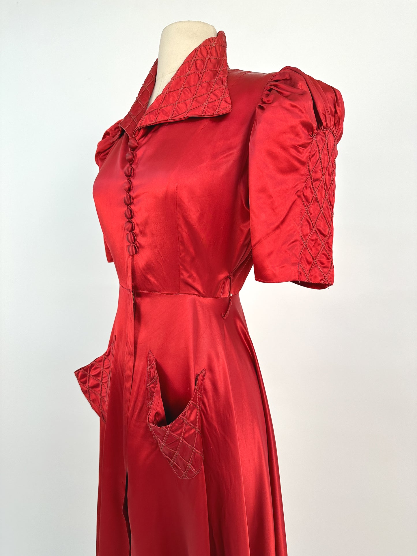 40s Currant Red Satin Hostess Dress / Waist 26