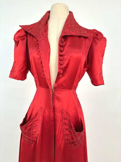 40s Currant Red Satin Hostess Dress / Waist 26