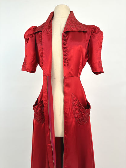 40s Currant Red Satin Hostess Dress / Waist 26