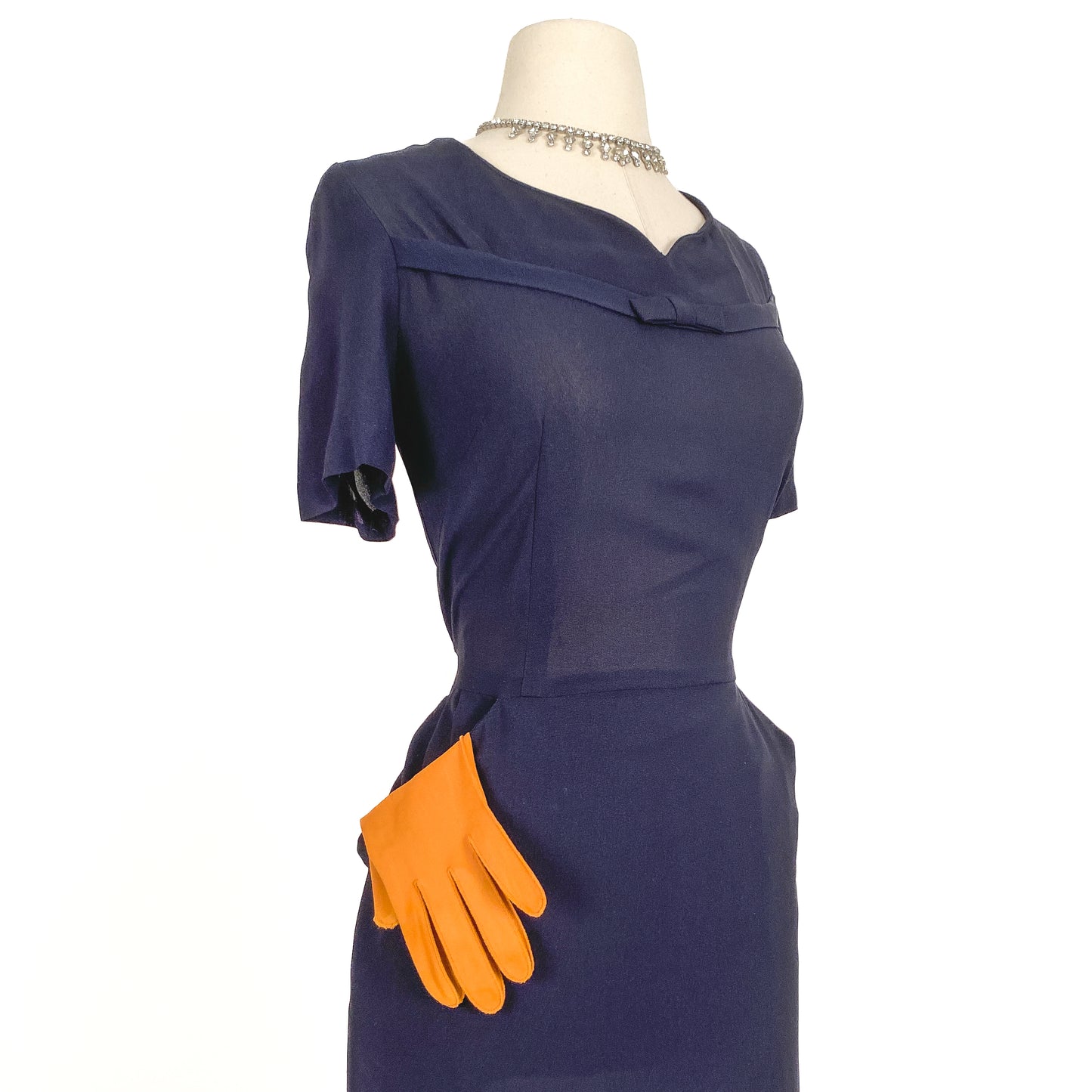 1950s Navy Silk Dress with Pockets / Waist 31