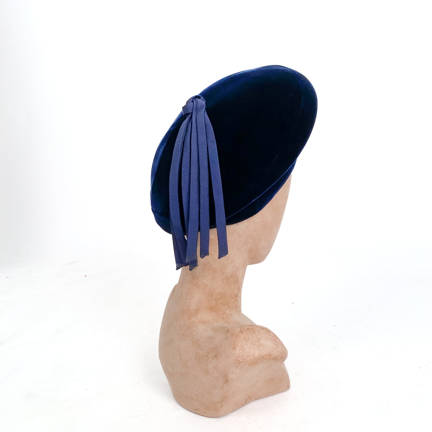 1950s Navy Velvet Structured Beret with Grosgrain Tassel