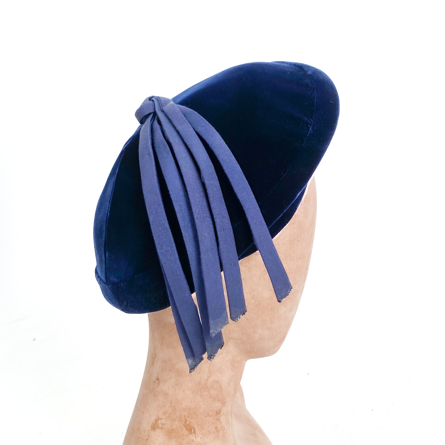 1950s Navy Velvet Structured Beret with Grosgrain Tassel