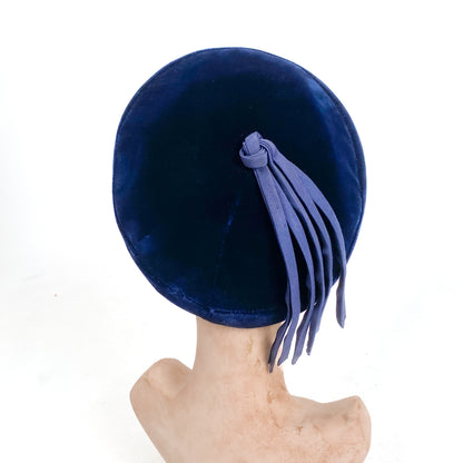 1950s Navy Velvet Structured Beret with Grosgrain Tassel
