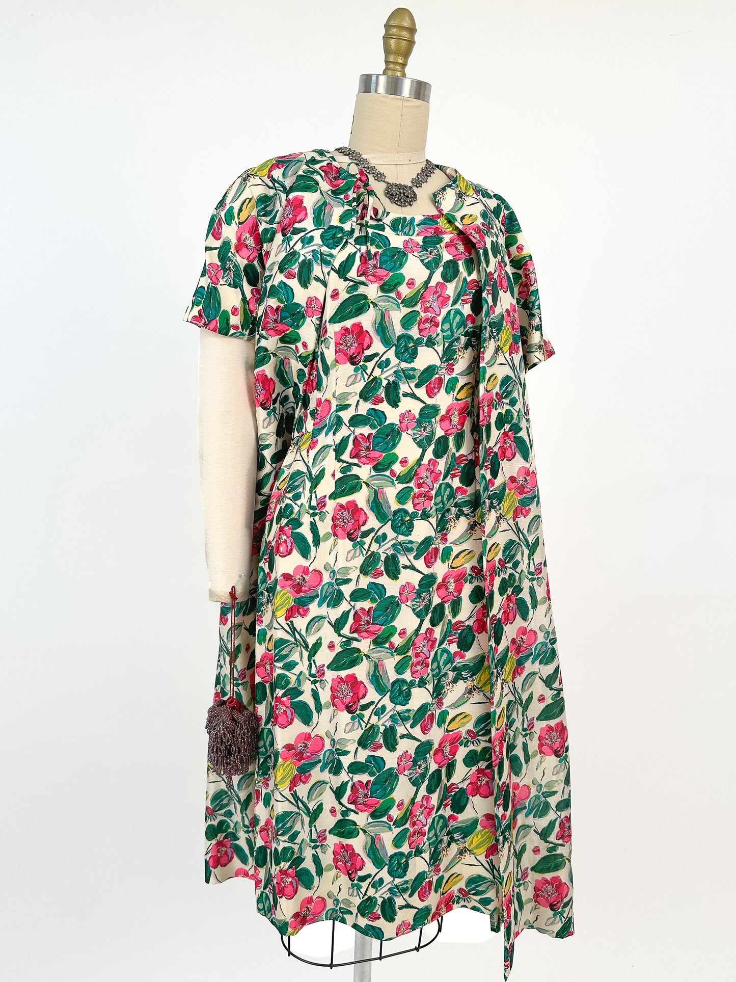 50s Bright Watercolor Floral Dupioni Silk Two Piece Ensemble / Waist 28