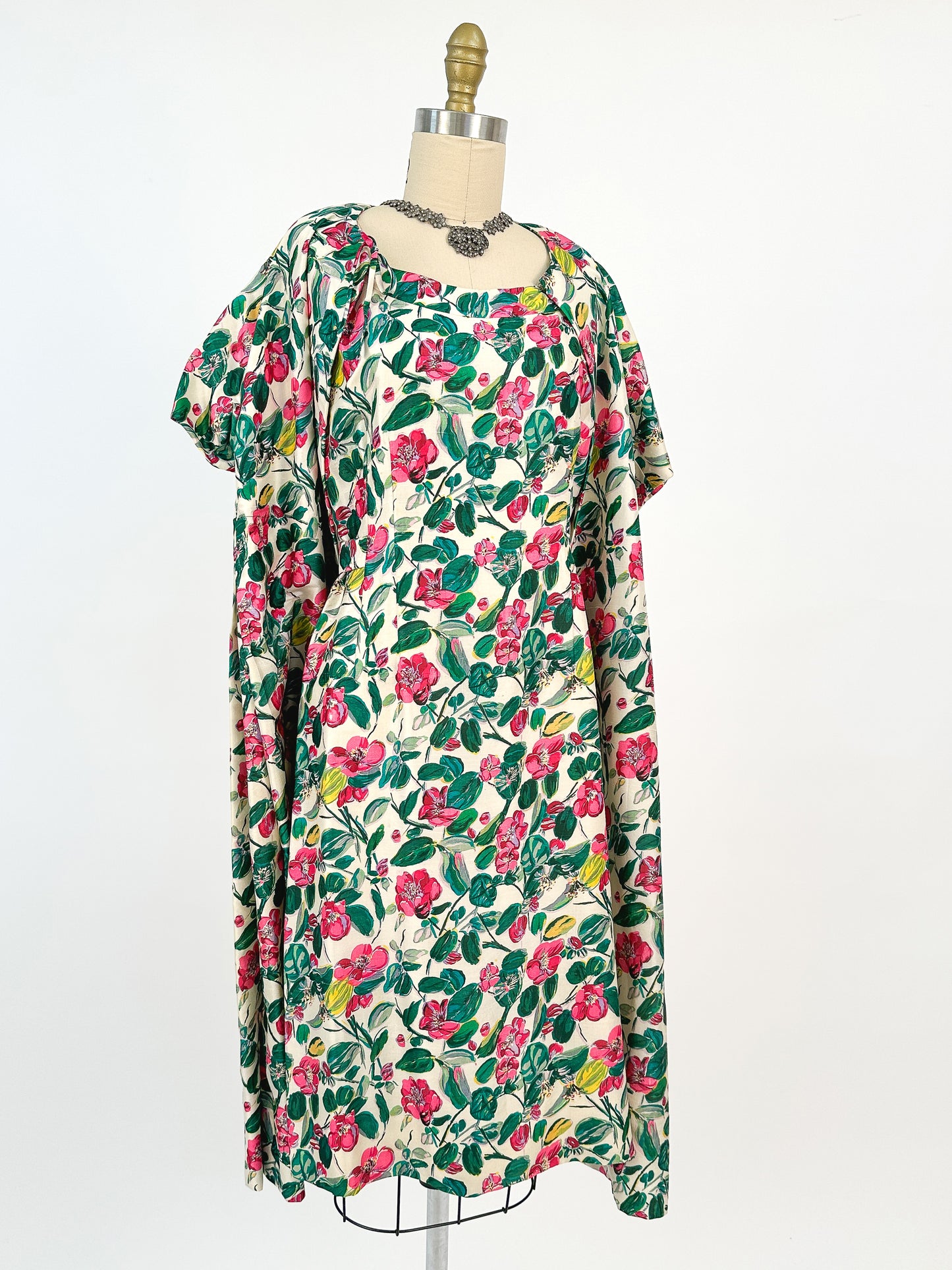 50s Bright Watercolor Floral Dupioni Silk Two Piece Ensemble / Waist 28