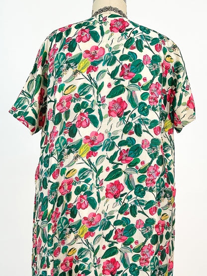 50s Bright Watercolor Floral Dupioni Silk Two Piece Ensemble / Waist 28