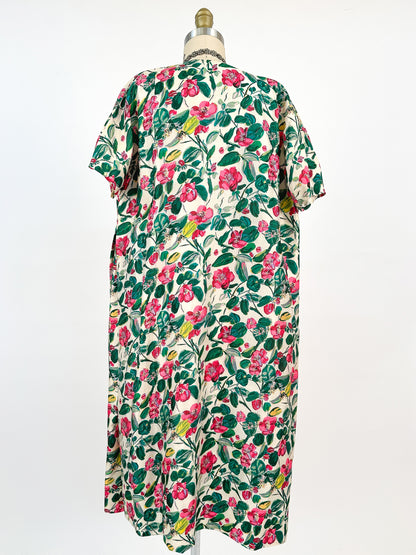 50s Bright Watercolor Floral Dupioni Silk Two Piece Ensemble / Waist 28