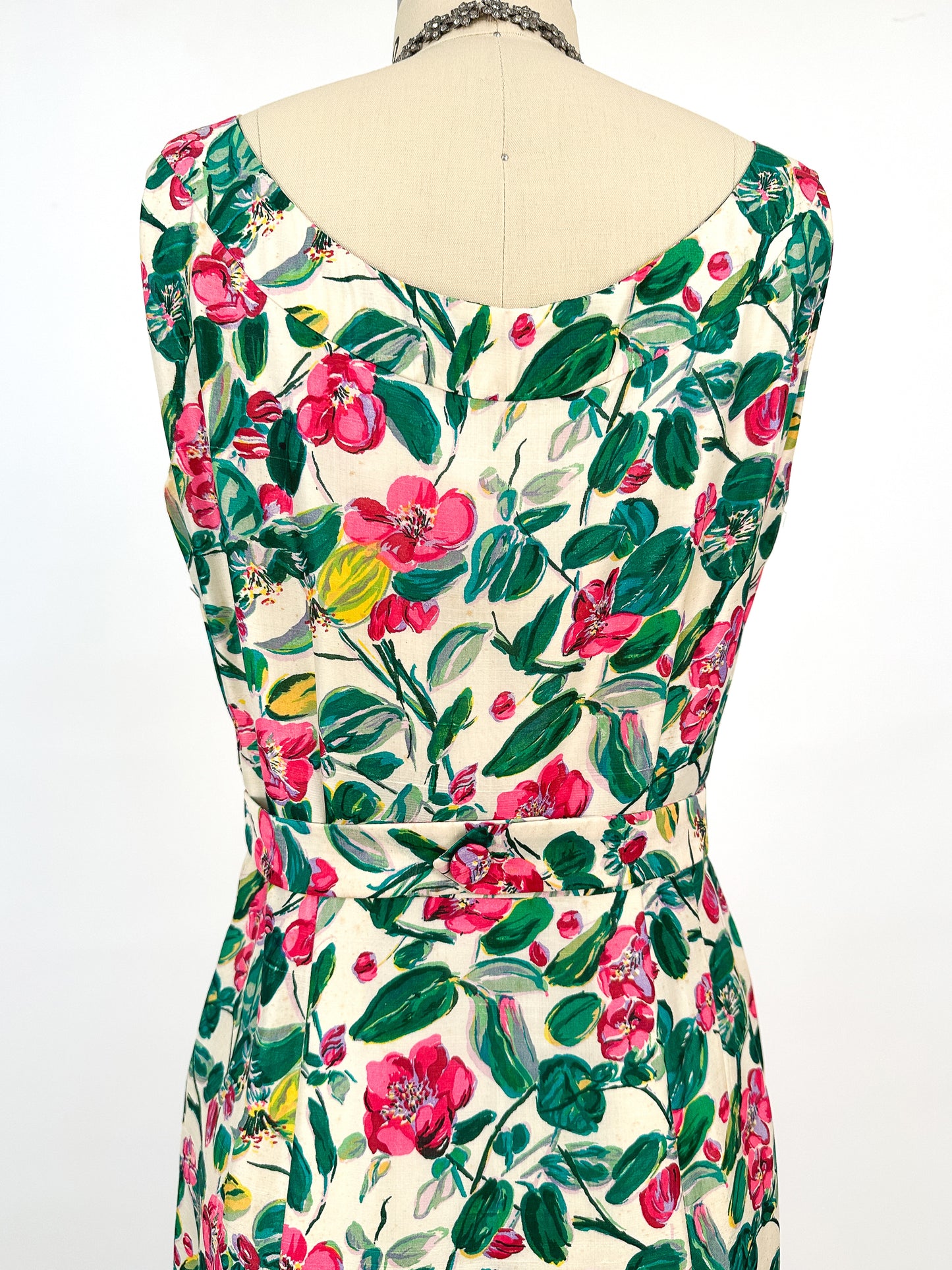 50s Bright Watercolor Floral Dupioni Silk Two Piece Ensemble / Waist 28