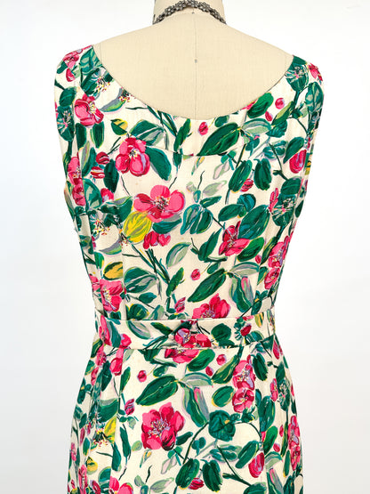 50s Bright Watercolor Floral Dupioni Silk Two Piece Ensemble / Waist 28