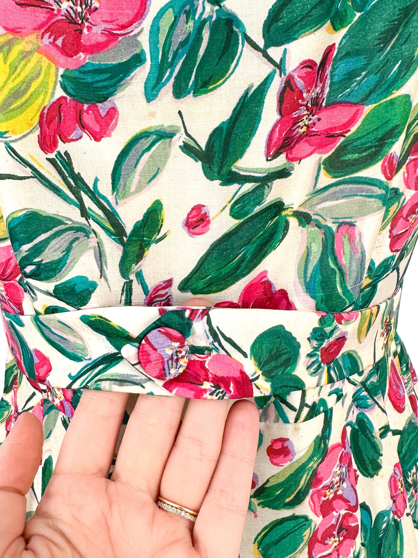 50s Bright Watercolor Floral Dupioni Silk Two Piece Ensemble / Waist 28