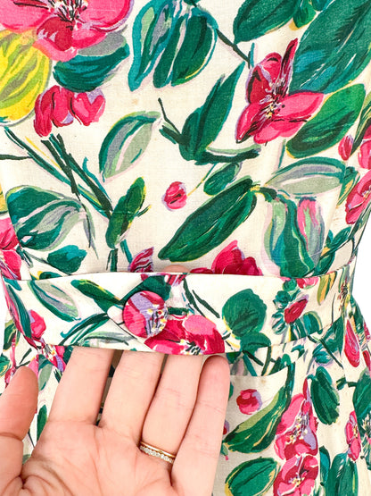 50s Bright Watercolor Floral Dupioni Silk Two Piece Ensemble / Waist 28