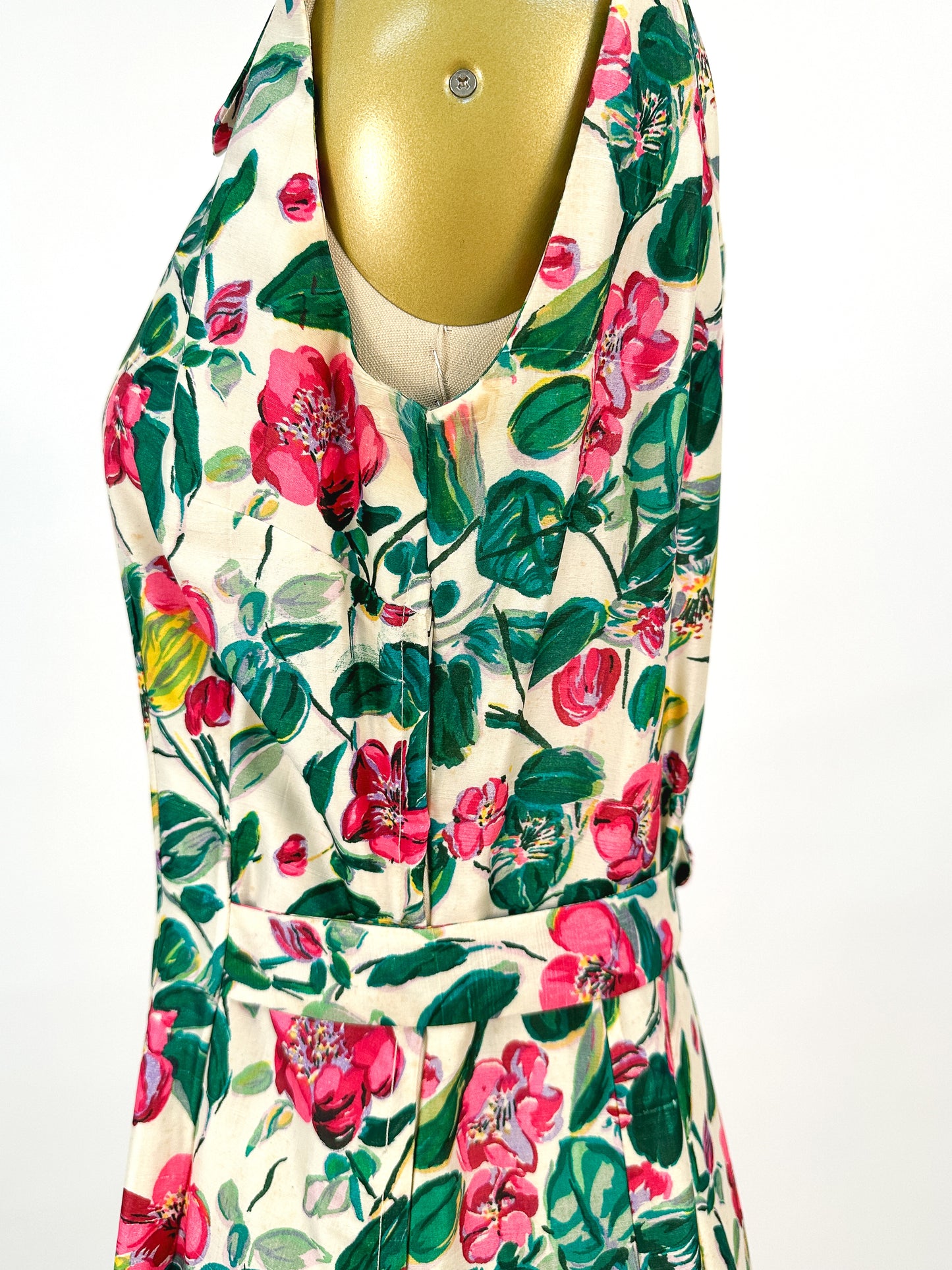 50s Bright Watercolor Floral Dupioni Silk Two Piece Ensemble / Waist 28