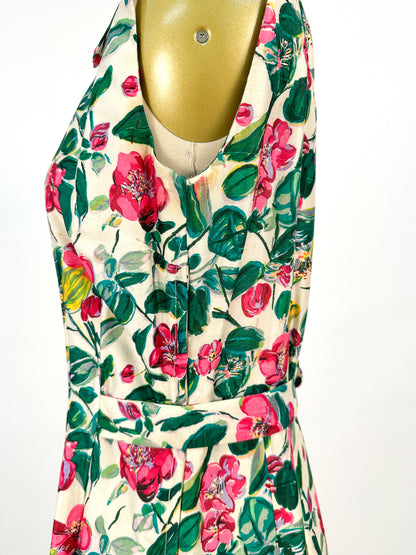 50s Bright Watercolor Floral Dupioni Silk Two Piece Ensemble / Waist 28