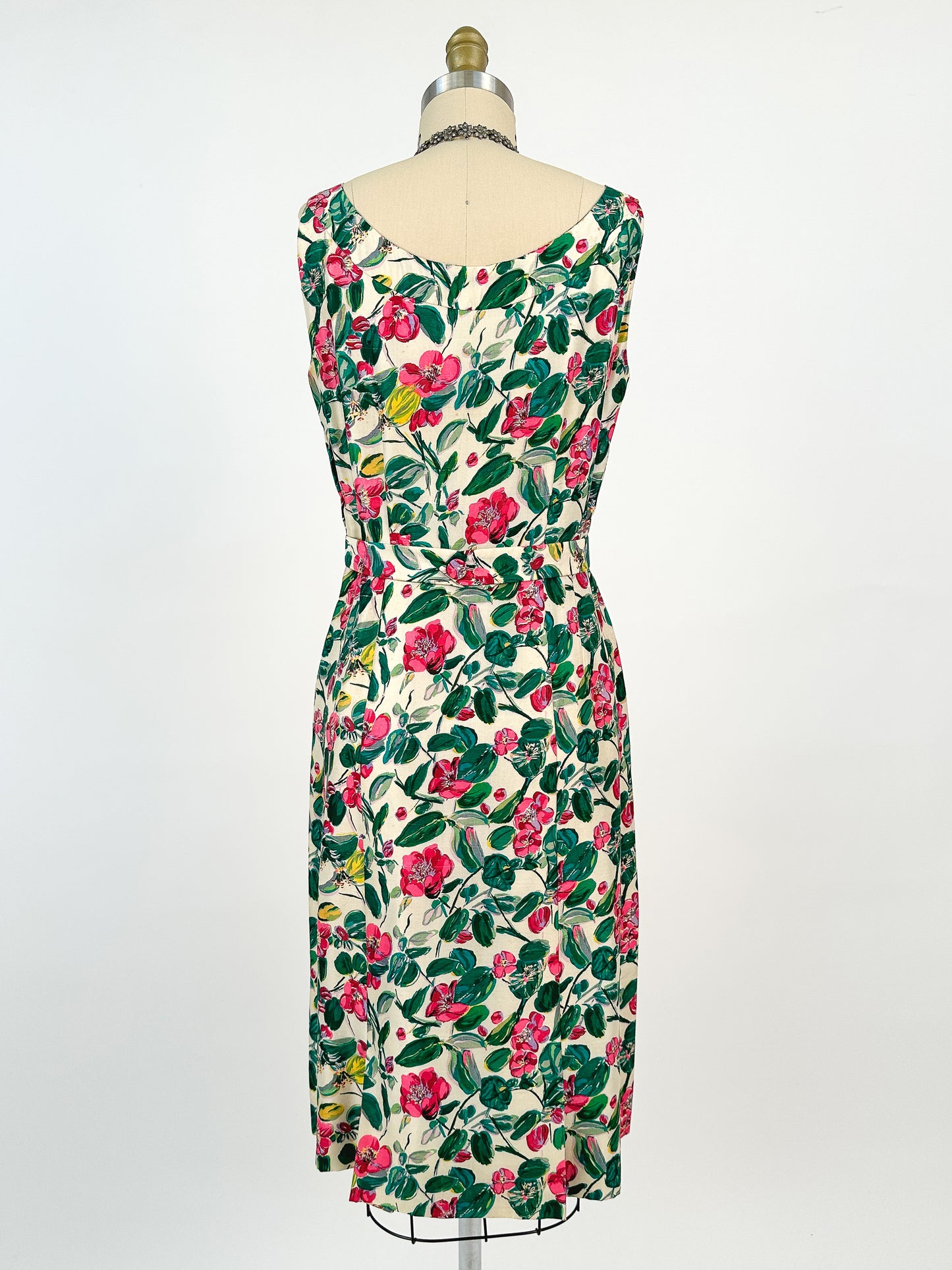 50s Bright Watercolor Floral Dupioni Silk Two Piece Ensemble / Waist 28