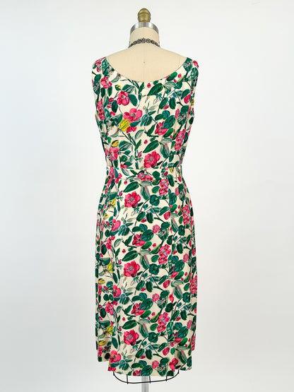 50s Bright Watercolor Floral Dupioni Silk Two Piece Ensemble / Waist 28