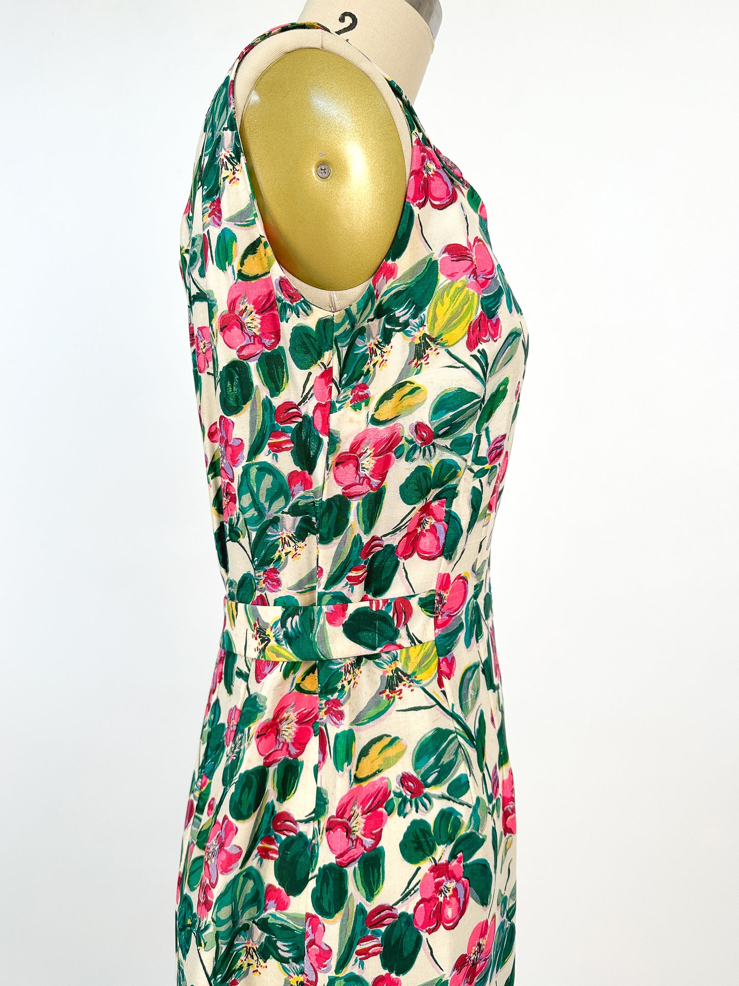 50s Bright Watercolor Floral Dupioni Silk Two Piece Ensemble / Waist 28