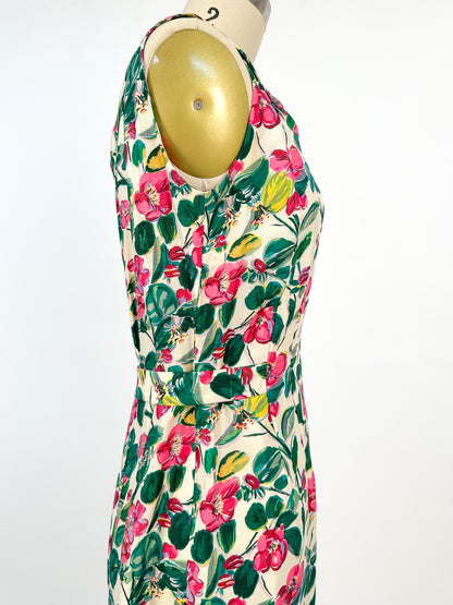 50s Bright Watercolor Floral Dupioni Silk Two Piece Ensemble / Waist 28