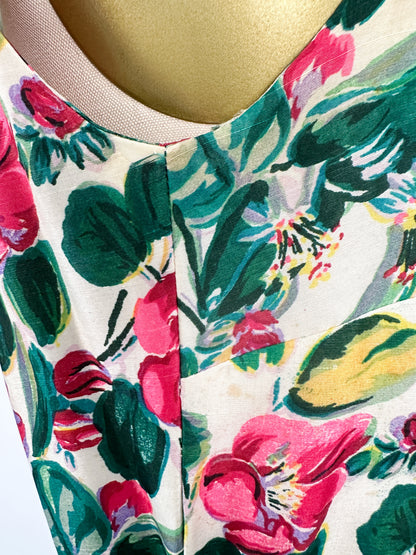 50s Bright Watercolor Floral Dupioni Silk Two Piece Ensemble / Waist 28