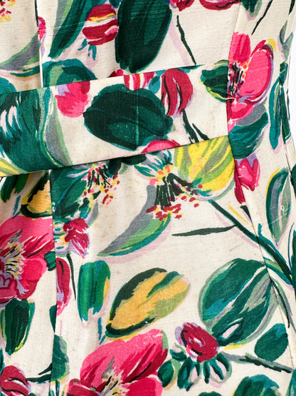 50s Bright Watercolor Floral Dupioni Silk Two Piece Ensemble / Waist 28