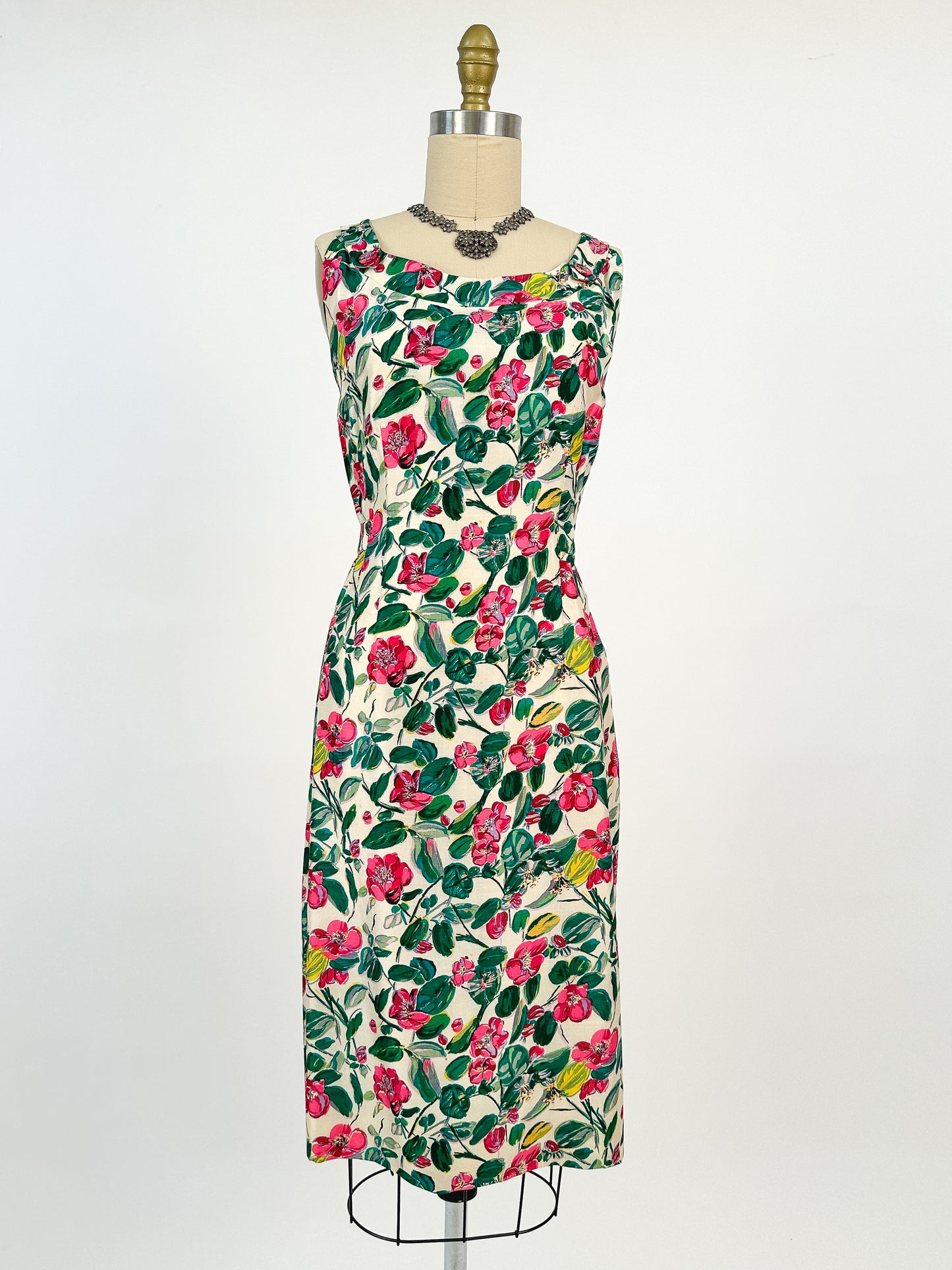 50s Bright Watercolor Floral Dupioni Silk Two Piece Ensemble / Waist 28