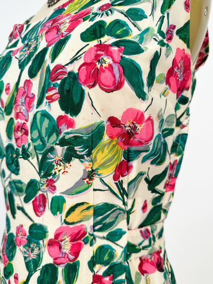 50s Bright Watercolor Floral Dupioni Silk Two Piece Ensemble / Waist 28