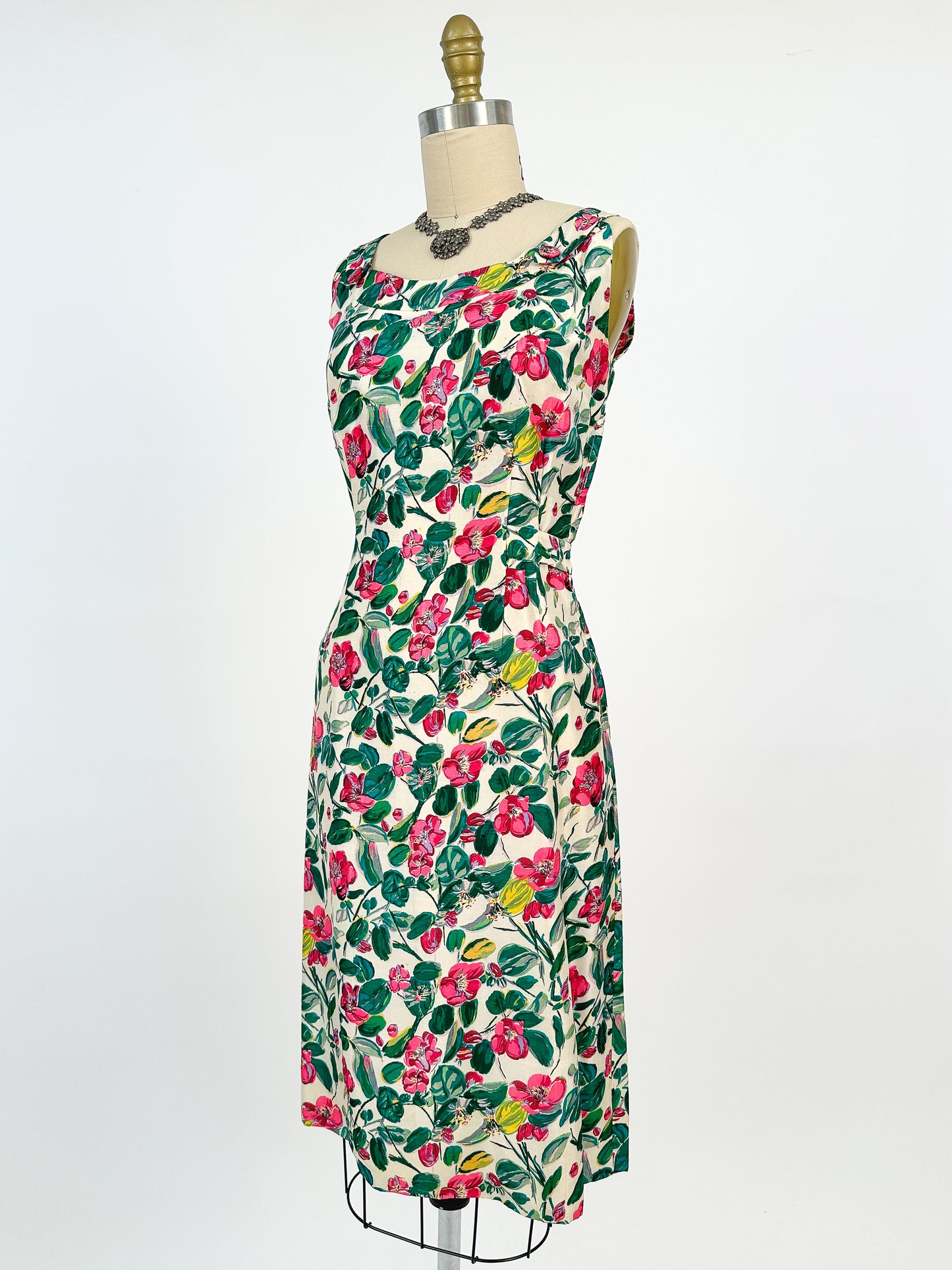 50s Bright Watercolor Floral Dupioni Silk Two Piece Ensemble / Waist 28