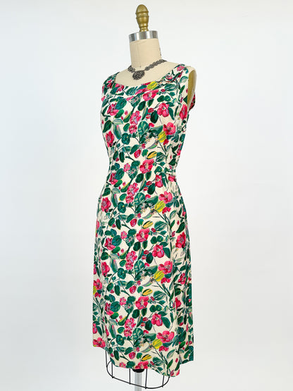 50s Bright Watercolor Floral Dupioni Silk Two Piece Ensemble / Waist 28